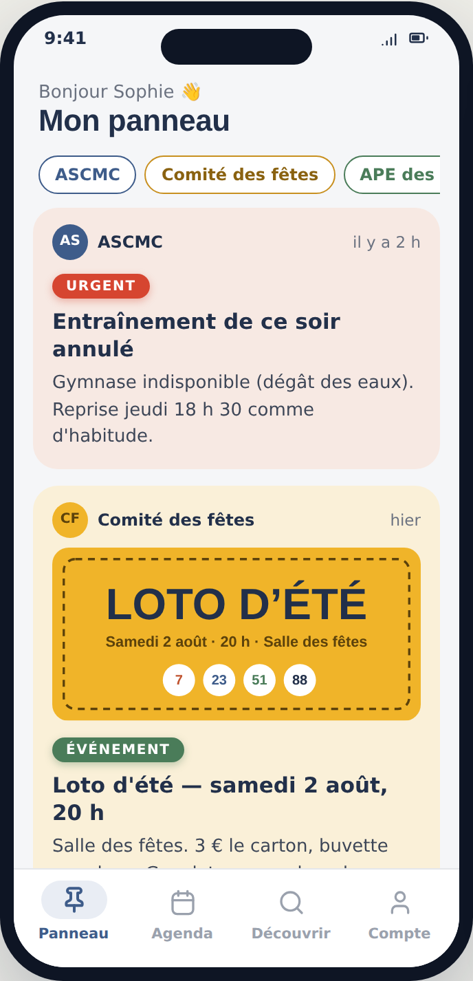 L'application Assodio sur un téléphone : le fil d'annonces d'une association
